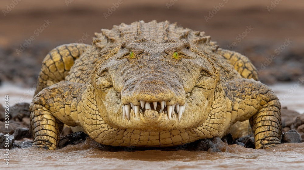 Obraz premium Close up of a crocodile showcasing its sharp teeth and textured scales while lounging by the riverbank in the wild habitat during midday