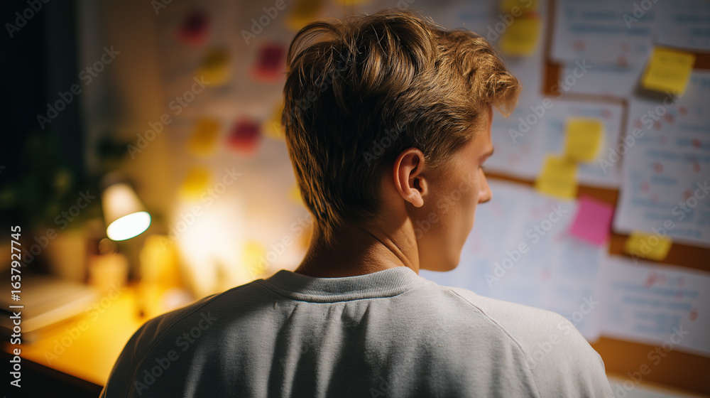 Fototapeta premium Student Studying Late at Night with Colorful Formula Flashcards