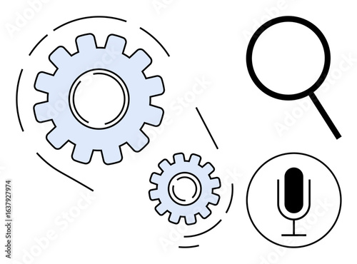 Two interlocking gears, a magnifying glass, and a microphone icon representing teamwork, innovation, technology, communication, search optimization, user interaction, and a simple landing page