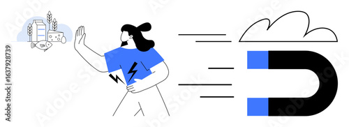 Woman actively resisting pull of large magnet attracting food and tech elements. Ideal for health, mindfulness, self-control, balance, decision-making, focus, and simplicity themes. Simple flat