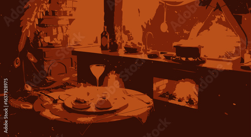Cozy culinary retreat with a romantic dinner by the hearth. Warm, ambient illustration of an intimate home kitchen scene.