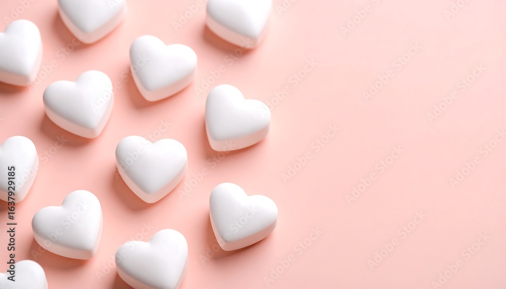 Fototapeta premium White heartshaped candies on pink background.