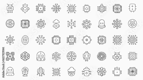 Illustration of multiple abstract doodle style icons representing technology and artificial intelligence concepts silhouette