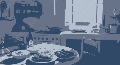 Stylized illustration of a peaceful kitchen interior with breakfast on the table, bathed in morning light from a window.