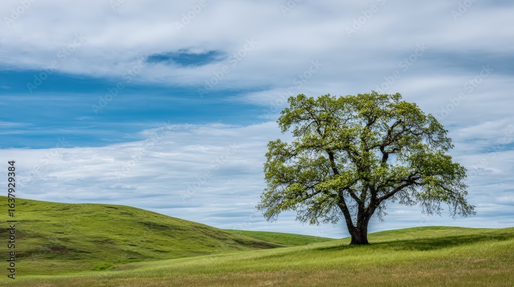 Obraz premium Lone Tree Standing Tall in a Green Field Under a Blue Sky with Clouds