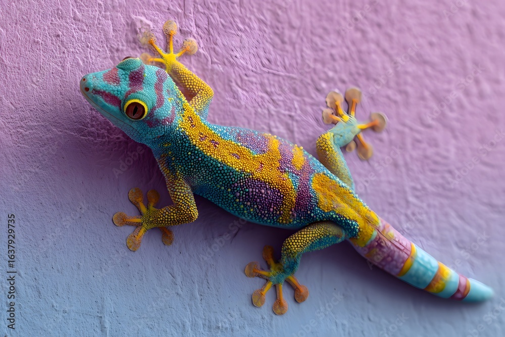 Naklejka premium Gecko with bright colors - copy space on pastel wall. 