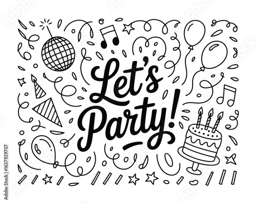 Let's Party lettering with celebration doodles. Vector illustration design with festive elements for birthday cards and event invitations.