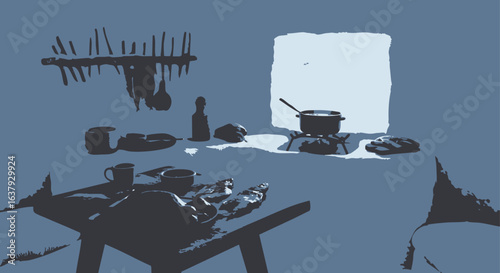 A minimalist graphic of a rustic kitchen interior showing a simple, solitary meal cooking on a stove.