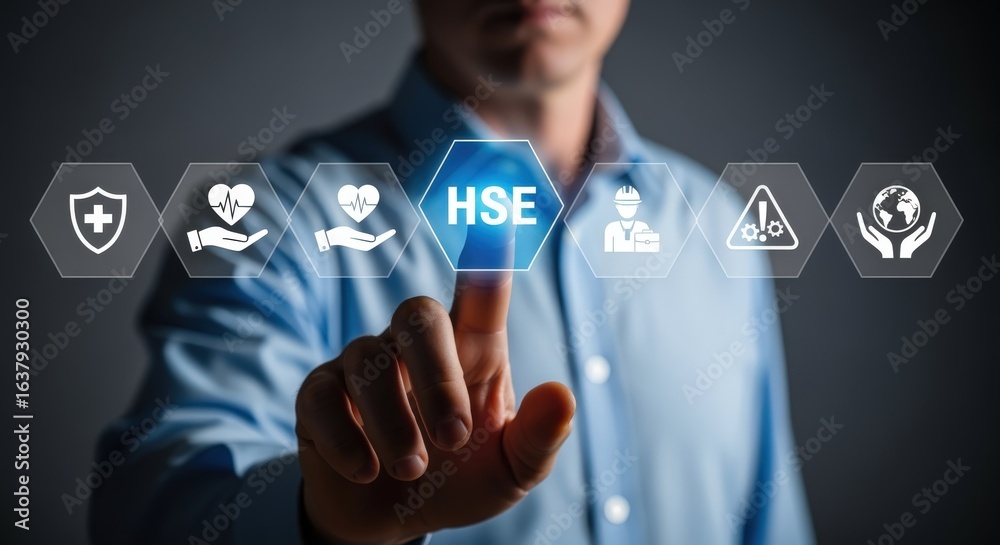 Health Safety Environment Management System: Businessman Activating Digital Interface with HSE Icons for Workplace Safety Health Safety Environment Management System: Businessman Activating Digital Interface with HSE Icons for Workplace Safety