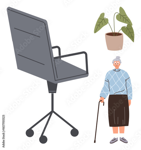 Elderly woman standing with cane, office swivel chair, potted plant. Ideal for aging, support, independence, care, working environment adaptability lifestyle. Flat and simple metaphor