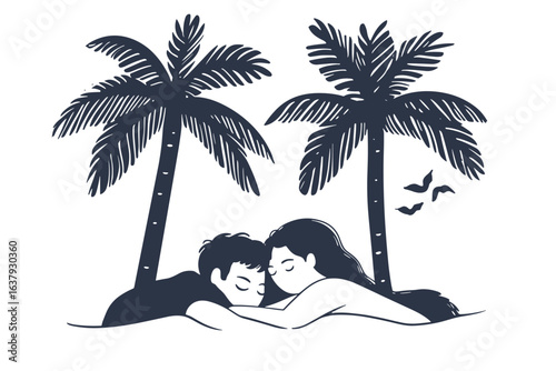 flat vector of a couple napping under palm trees on a beach, warm breeze, summer lazy day concept