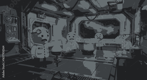 A lonely crew of cartoon astronauts on a spaceship bridge, staring into the cosmic void. A monochromatic, conceptual illustration of a desolate space voyage.