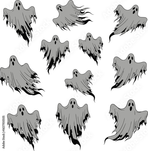 Gray flying spooky ghost Halloween characters vector silhouette on a white background