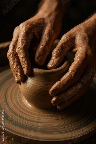 Closeup of hands shaping clay on a pottery wheel, artisan craft in warm light with rich texture and motion.