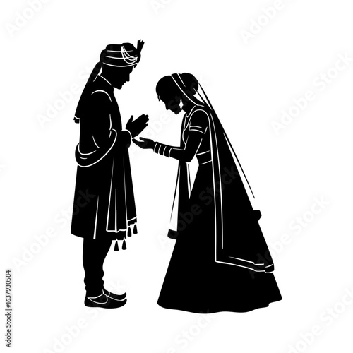 Minimal Hindu Wedding Bride Blessing Groom Feet Touch Vector Illustration