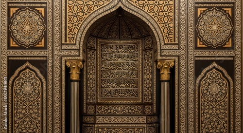 Majestic Mihrab: Golden Arabic Calligraphy within an Ornate Architectural Niche