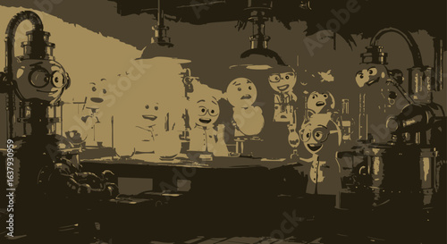 A clandestine gathering of animated characters and spectral AI constructs in a vintage industrial laboratory setting.
