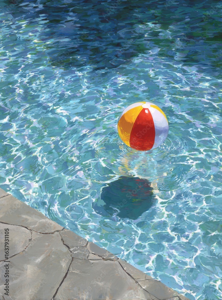 Obraz premium A colorful beach ball floats serenely in the clear, sparkling water of a swimming pool on a sunny summer day.