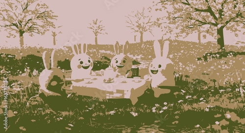 Vintage illustration of four happy bunny characters enjoying a charming tea party in a sunlit meadow.