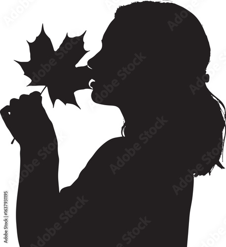 Silhouette of a girl smelling an autumn maple leaf vector on a white background