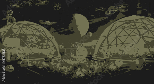 A monochromatic vision of a futuristic space colony, with geodesic domes and a bustling alien crowd under a crescent planet.