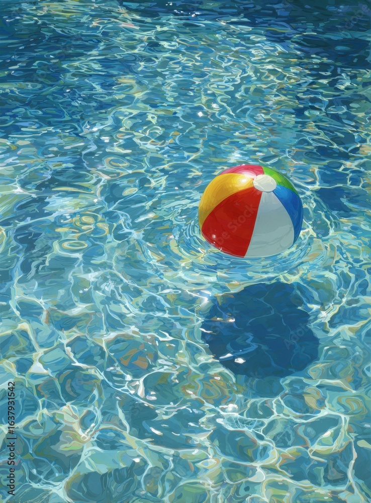Obraz premium A colorful inflatable sphere floats serenely on the shimmering of a clear, inviting body of water under bright sunlight.