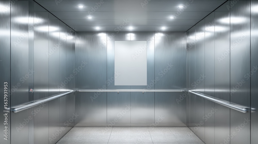 Fototapeta premium Elevator Interior Mockup with Blank Poster Space, Modern Metal Design, Commercial Building, and Bright Lighting