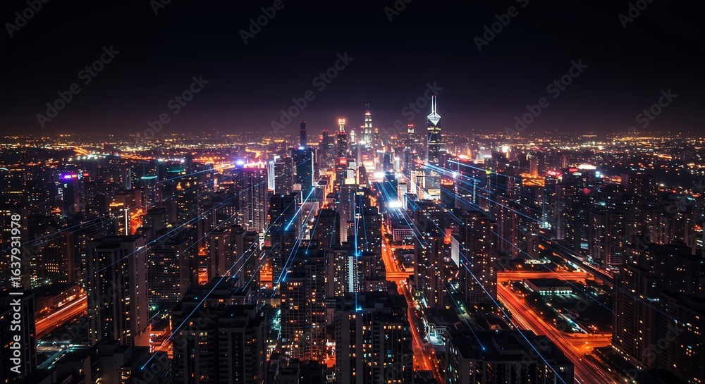 Obraz premium The powerful and serene beauty of a big city at night, with its illuminated skyline reaching towards a dark, expansive sky