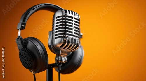 Retro microphone and headphones on vibrant orange background, capturing vintage audio recording equipment with copy space