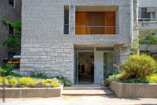 Wallpaper Mural Modern architectural design showcasing a sleek facade with a unique blend of brick and wood, featuring a welcoming entrance and greenery, located in an urban area during daylight Torontodigital.ca
