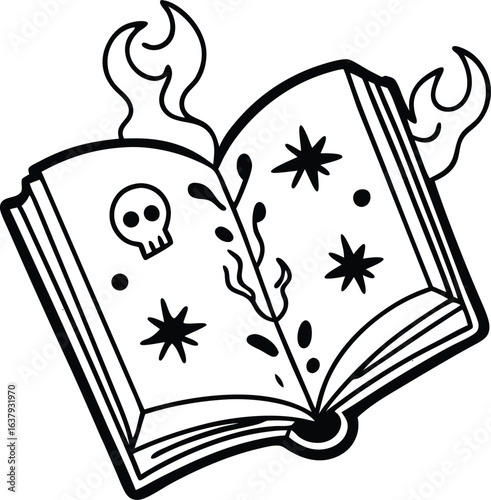 An open spooky spellbook with floating magical symbols and arcane energy isolated on white background isolated on transparent background