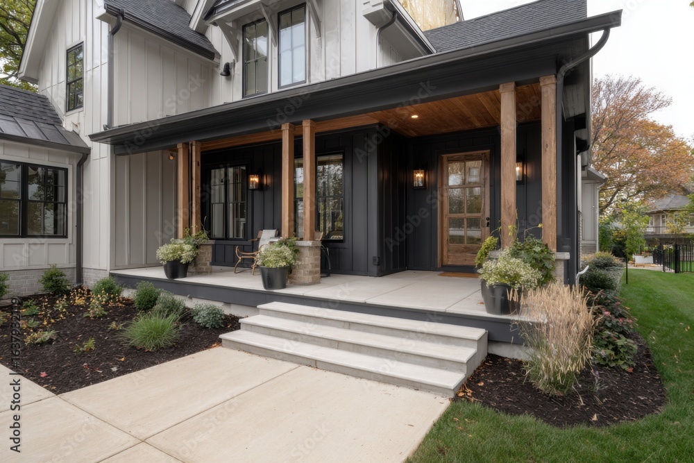 Obraz premium Charming modern house exterior with elegant porch, lush garden, and inviting entrance during autumn in a suburban neighborhood