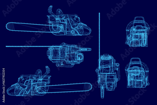 Blueprint of a chainsaw with detailed wireframe design on a blue background. The illustration includes a handle, sharp blade, and handlebar with precise technical details.