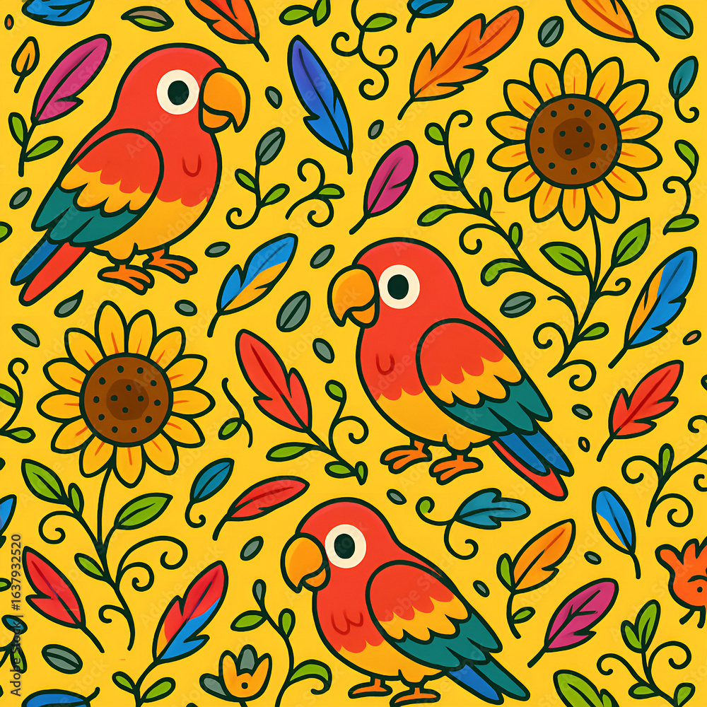 Obraz premium Cheerful Colorful Parrot Seamless Pattern with Sunflower and Feathers