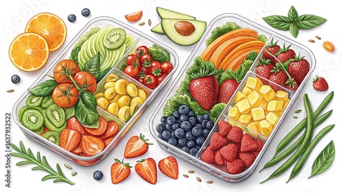 Colorful Fruit and Vegetable Meal Prep Containers