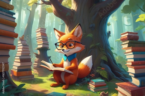 Cartoon fox wearing glasses, arranging books in a tiny forest library carved into a tree