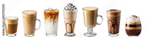 coffee drinks assortment, a collection of cortado, flat white, iced latte, frappuccino, cappuccino, mocha, bicerin