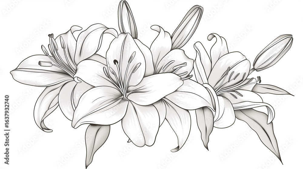 Obraz premium Black contour of lily flowers. Vector illustration. Vector black contour of lily flowers isolated on a white background. 