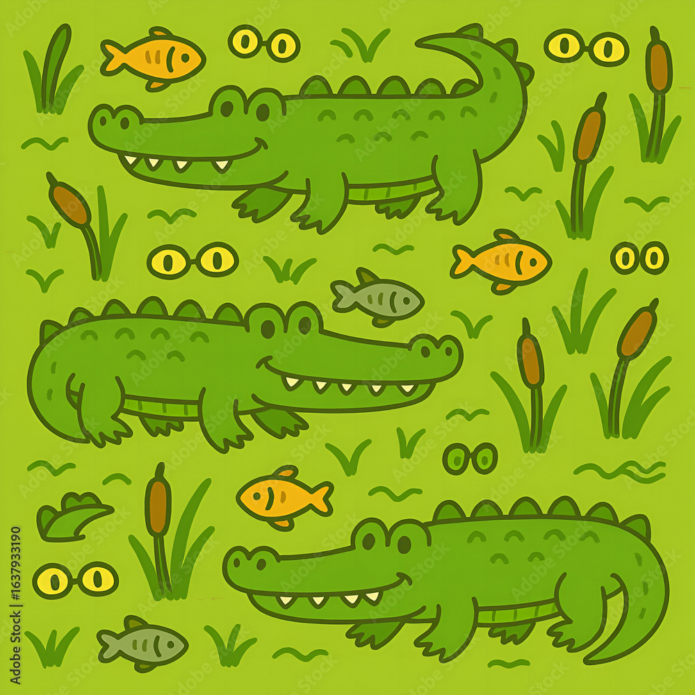 Obraz premium Playful Cartoon Alligator and Fish Seamless Pattern Design for Children's Illustration