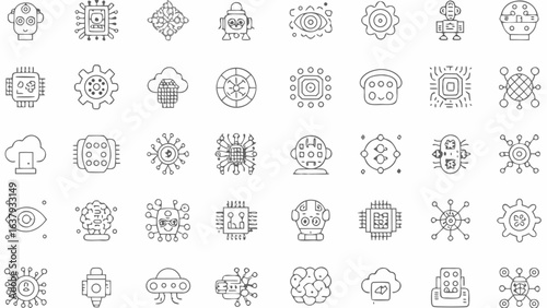 Illustration of various artificial intelligence and technology related icons in doodle style design silhouette