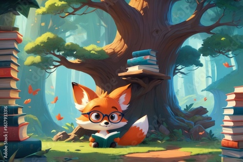 Cartoon fox wearing glasses, arranging books in a tiny forest library carved into a tree