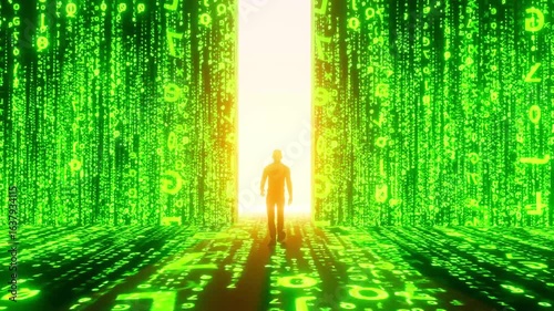 Man walking through a door in matrix wall of Artificial Intelligence  