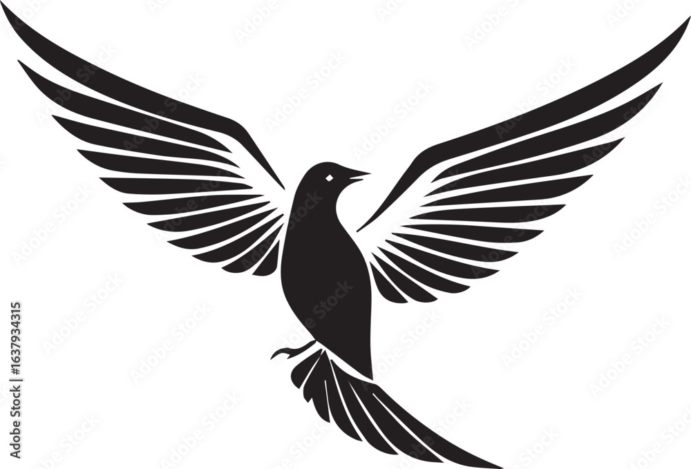 Naklejka premium Detailed Bird Vector – Open Wings with Feather DetailRealistic Bird Illustration – Spread Wings and Separate FeathersFlying Bird Vector – Open Wings, Detailed Feather DesignMajestic Bird Silhoue