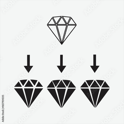 Three black diamond icons with arrows pointing down from a single diamond jewel precious stone