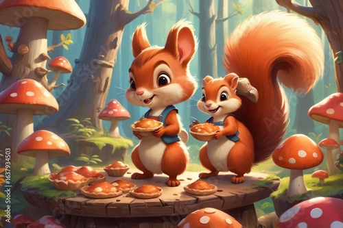 Cute squirrel in apron baking pies in a mushroom-shaped shop, warm light and cozy forest background