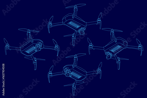 Four drones fly in a straight line against a clear blue sky, their sleek contours sharply defined. Each drone slightly overlaps the one below, creating a dynamic formation.