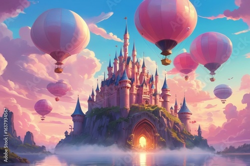  Fairytale castle floating among pink sunset clouds, airships flying around, dreamy style