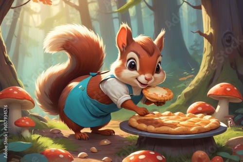 Cute squirrel in apron baking pies in a mushroom-shaped shop, warm light and cozy forest background