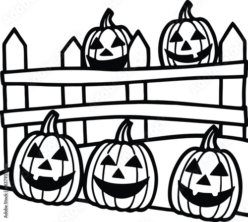 Group of glowing jack o lanterns lined up on a wooden fence isolated on white background isolated on transparent background