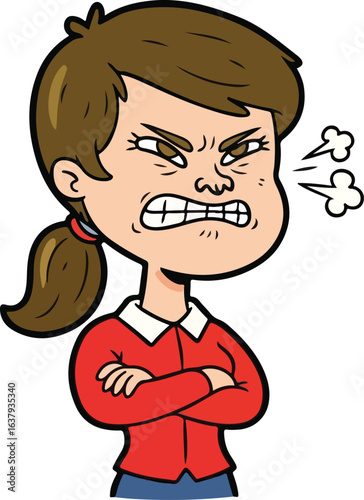 Cartoon woman with brown hair and red shirt looking angry with crossed arms girl illustration